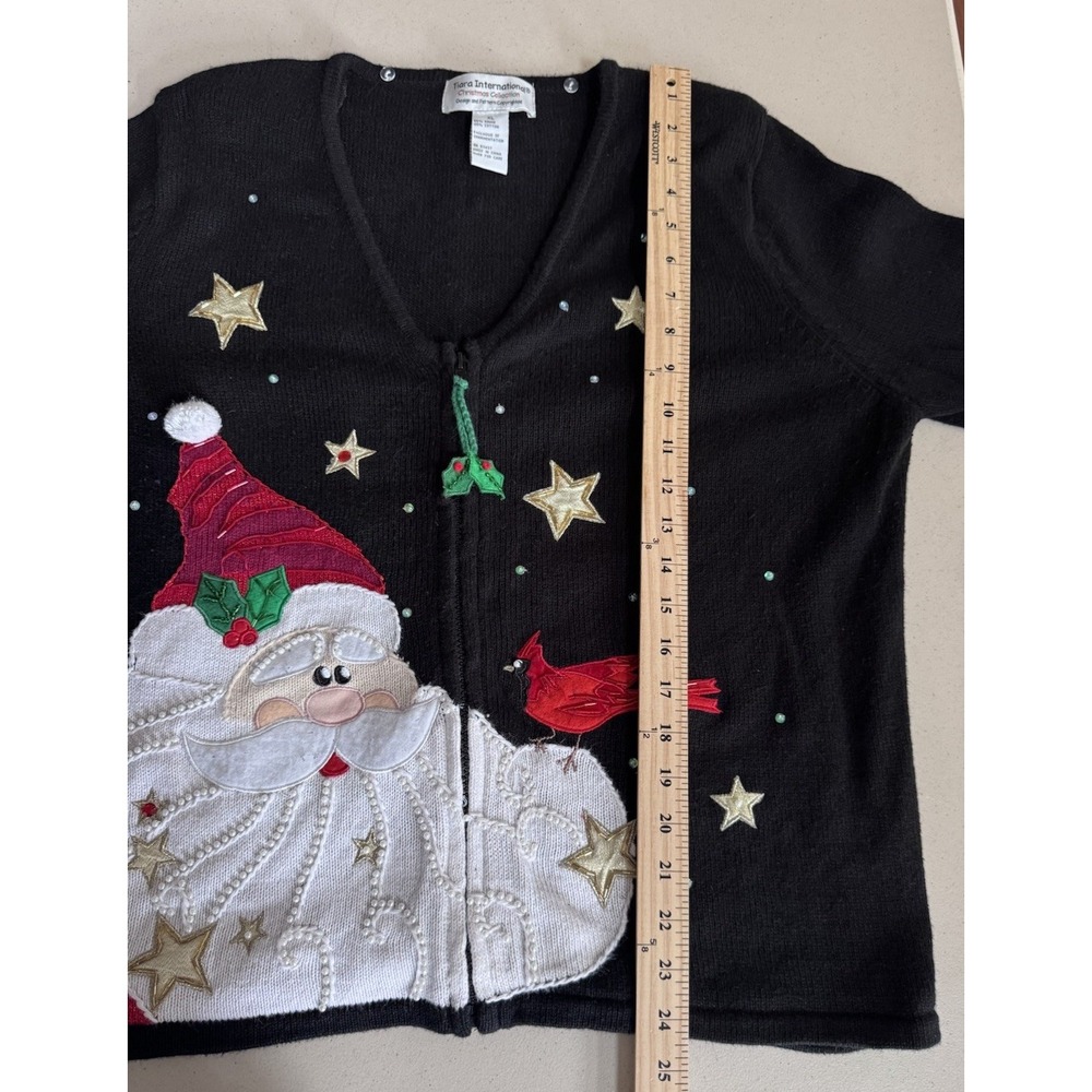 Vtg Christmas Cardigan Sweater XL Knit Full Zip Appliqué Cardinal Santa Novelty - Picture 14 of 16